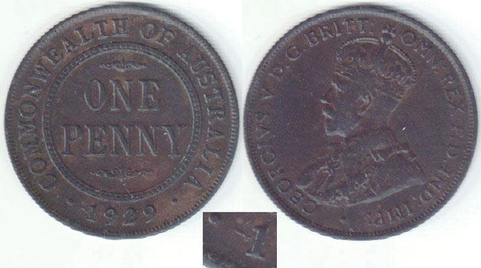 1929 Australia Penny (cud error) gF A001555